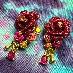 Betsey Johnson Triple Glitter Rose Stud Earrings